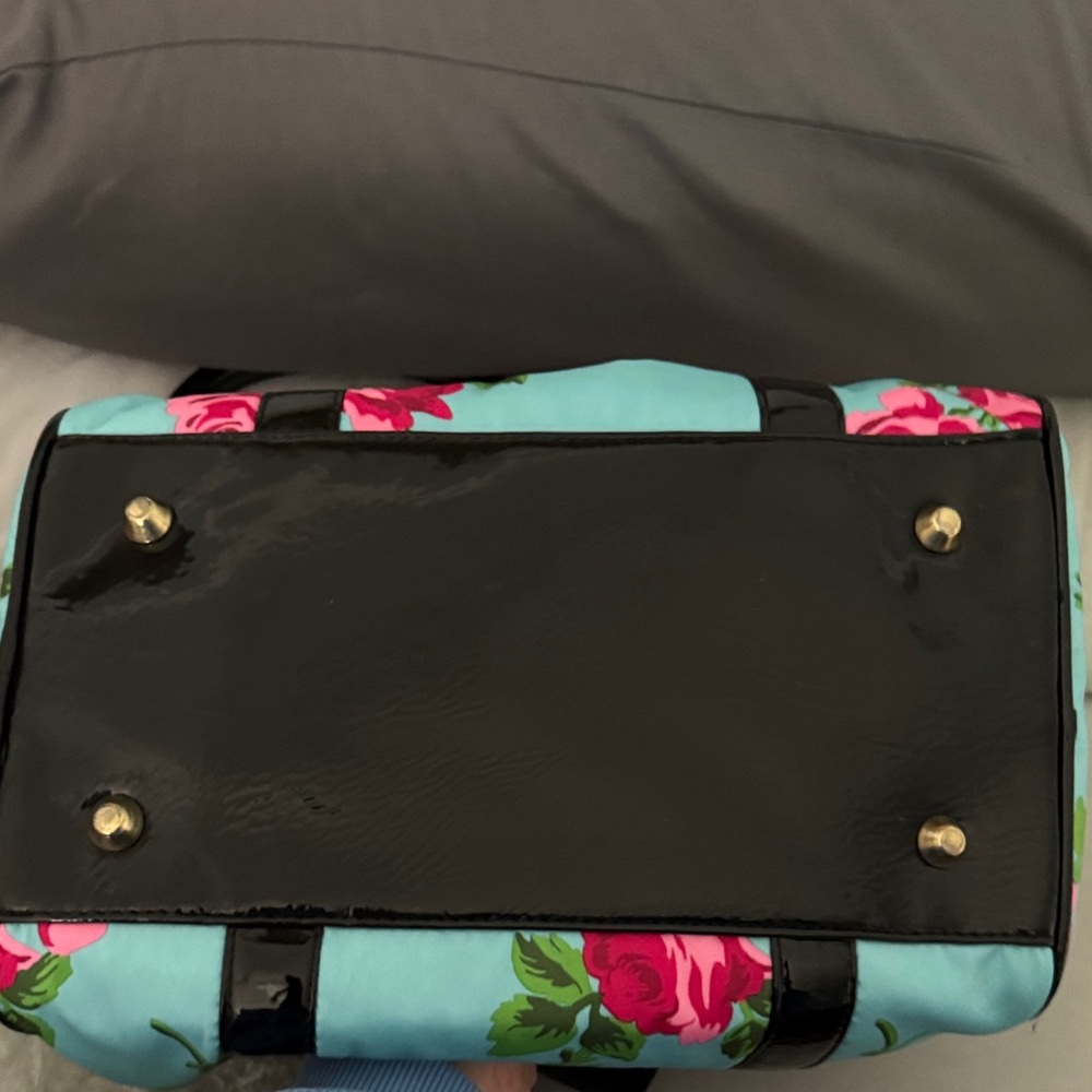 Betsey Johnson Turquoise Satchel with Pink Rose Print - Picture 5 of 7
